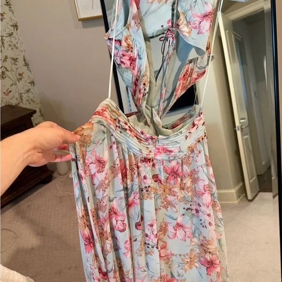 ASTR Floral Pleated V-Neck Cutout Maxi Dress - Blue and Pink - Picture 5 of 5